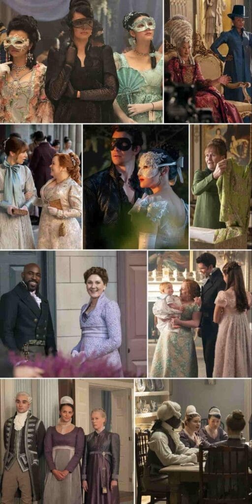 A promotional image from Bridgerton Season 4 featuring a grid layout of character portraits. The image includes: Luke Thompson as Benedict Bridgerton, Yerin Ha as Sophie Baek, Nicola Coughlan as Penelope Featherington, Claudia Jessie as Eloise Bridgerton, Florence Hunt as Hyacinth Bridgerton, Michelle Mao as Rosamund Li, Isabella Wei as Posy Li, and Katie Leung as Lady Araminta Gao. The cast members are dressed in Regency-era attire, with intricate hairstyles and period-appropriate clothing, set against a neutral background.