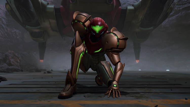 Samus has just exited her ship and is doing a superhero landing. Her left hand is steadying herself on the ground. She is looking forward. Her ship is hovering behind her. The area is dark.