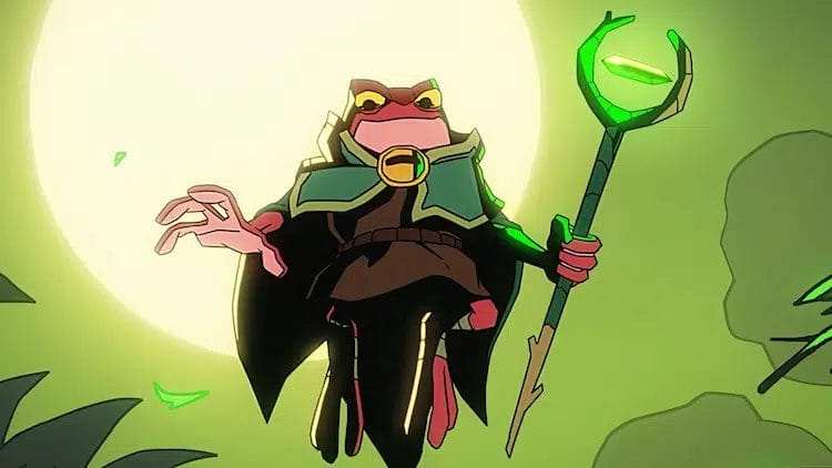 Brome is floating in the sky. He is holding a magical staff in his left hand.