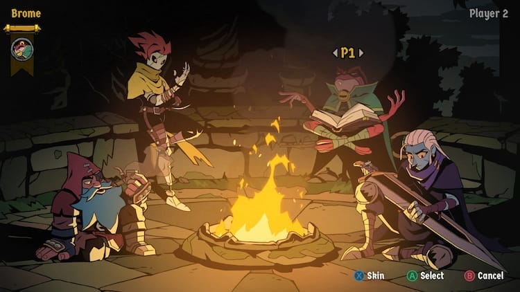The Character Select screen of Absolum. From left to right, Karl, Cider, Brome, Galandra