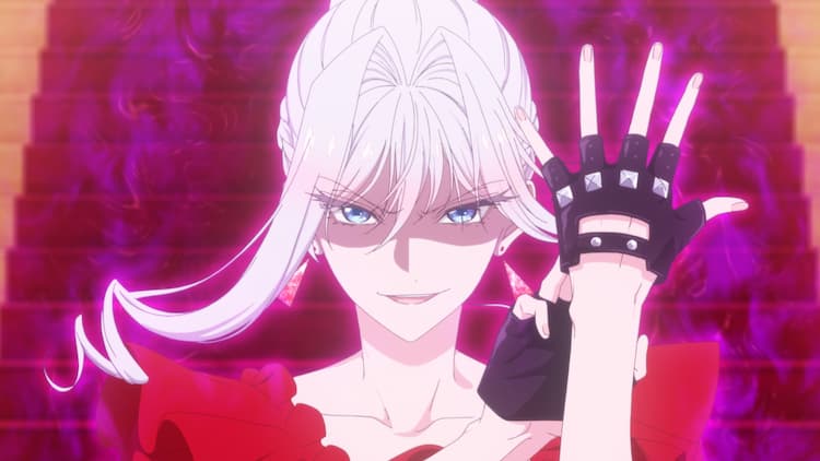 Scarlet is putting on her fingerless gloves, which she uses for fighting. They have chunks of steel on the knuckles. She has a purple aura emanating from her. She has a sadistic smile on her face. She is wearing a red dress. A staircase is behind her.