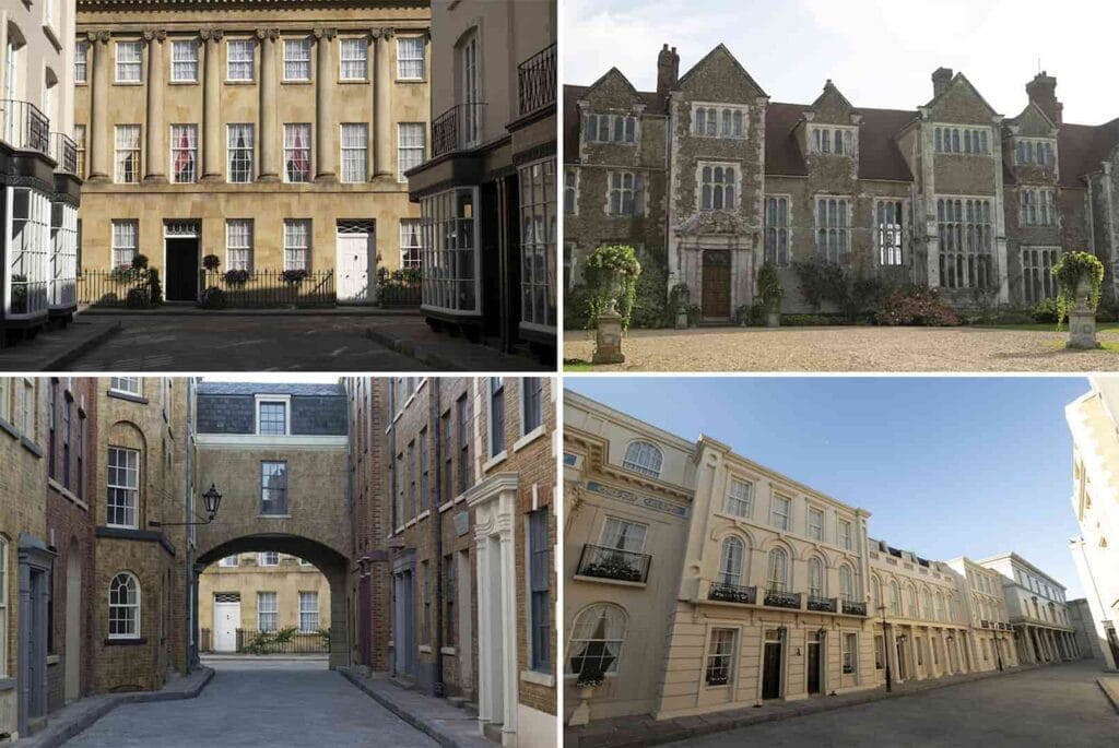 A collage of exterior shots from Bridgerton Season 4, featuring elegant Georgian-era buildings and detailed architectural facades used as filming locations.
