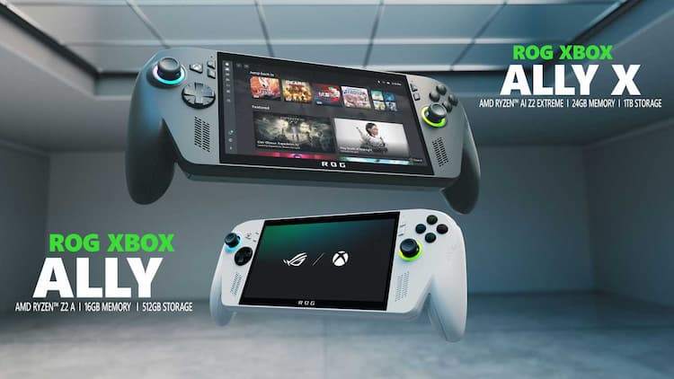 Image of the two versions of the ROG Xbox Ally. The X version is at the top, with the normal version at the bottom. Information is next to each version, providing information for each system.