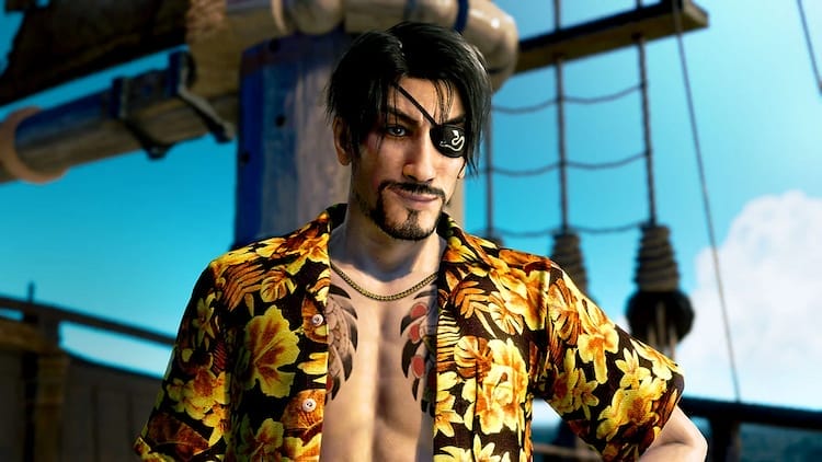 Goro Majima is wearing an unbuttoned Hawaiian shirt. He is standing on a ship.