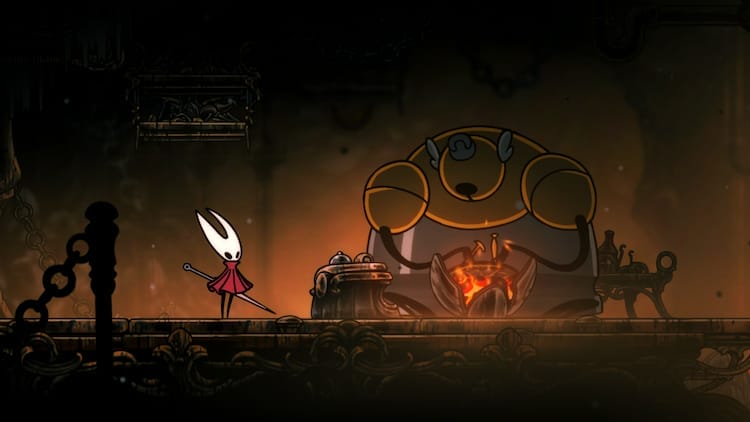 Hornet, left, is standing next to Forge Daughter, right. Forge Daughter is making something over a hearth.