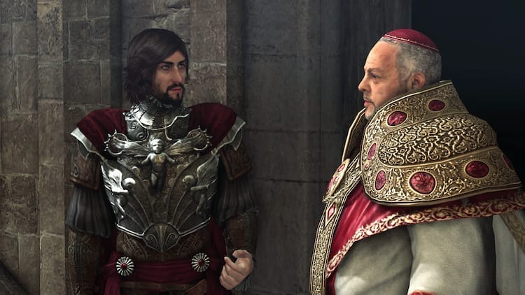 Cesare Borgia is on the left, talking with Rodrigo Borgia, right.