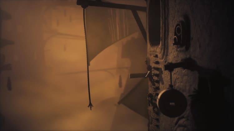 Screenshot of Low and Alone climbing the side of a tower, showing a beautiful yet creepy and desolate world in the background.