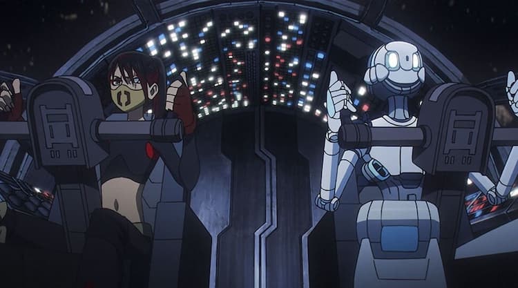 Sevn and IC-A4 are in the cockpit of their ship in space. They are both holding the controls. The roof is covered in various switches and lights. Sevn has an angry look on her face.