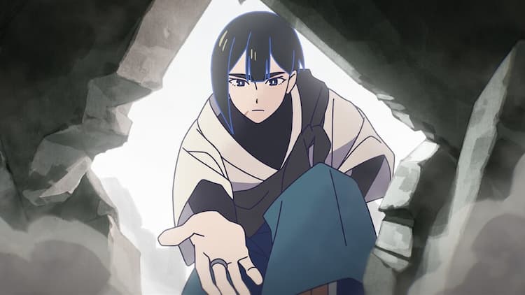 F is kneeling down through a hole in a wall. She is extending her hand into the building. She has a stern look on her face. Light is entering the building behind her.