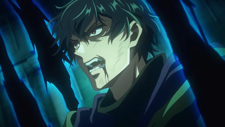Akira is summoning black tendrils to attack his foe. He has an angry look on his face. He has blood coming out of his mouth. He is in a dungeon. There are three tendrils of dark energy.