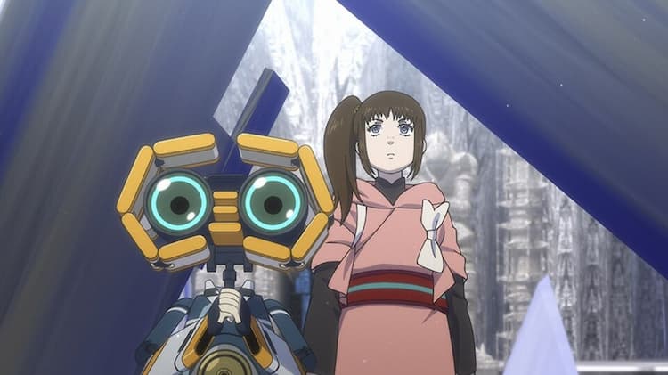 Teto and Kara are walking through an abandoned ship. Teto is focused ahead of themselves. Kara is looking around. Large structures are behind them.