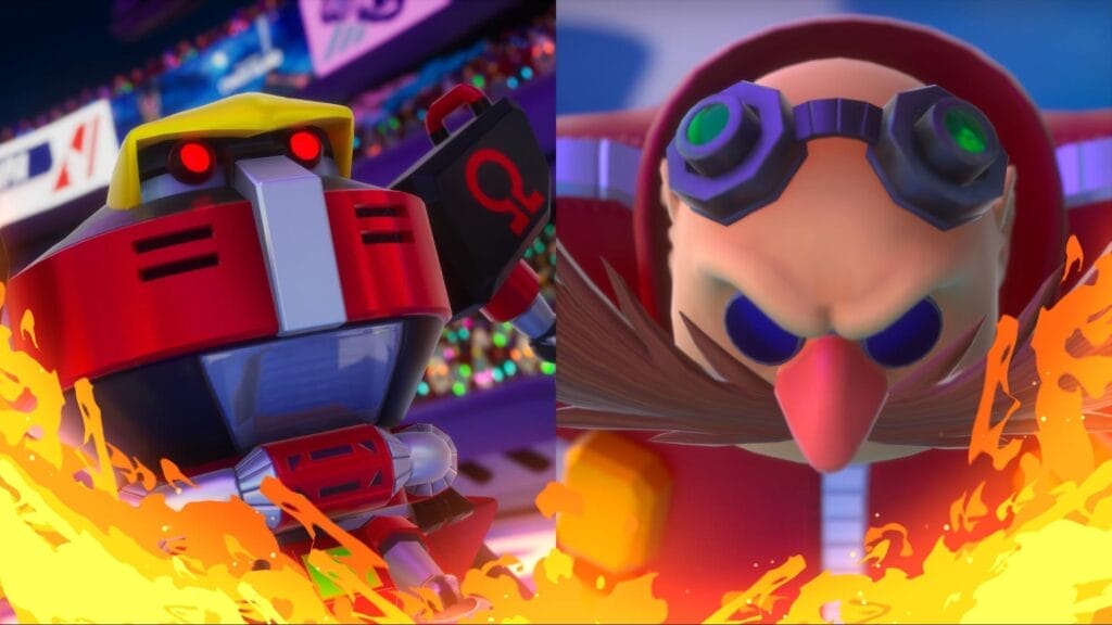Rival screen with Omega and Dr Eggman. Omega is on the left and Dr Eggman is on the right. Dr Eggman has an angry expression. Fire covers the bottom edge of the image, partially spreading up the sides. They are in E-Stadium.