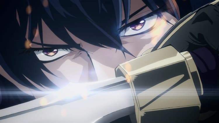 Akira is deflecting an attack with his sword. The light is shining off the blade. Akira is staring straight ahead with a focused look.