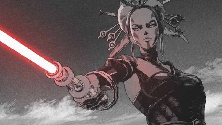 Anee-san is holding her red lightsaber in her right hand. The lightsaber is the only thing in colour. The rest of the image is in black and white. Anee-san is looking at her opponent with a serious glare.