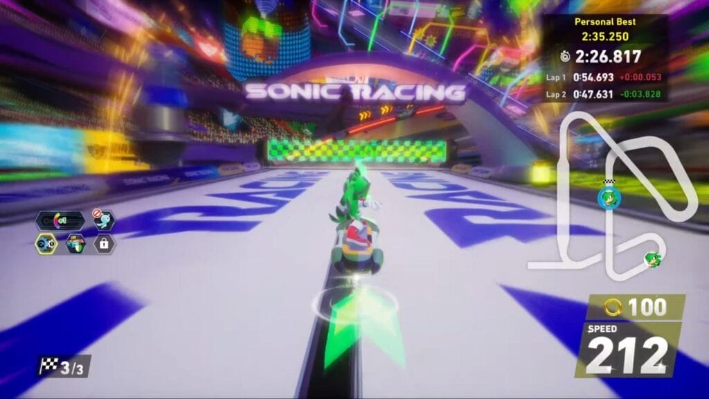 Jet is racing on the E-Stadium track in a Time Trial. He is approaching the finish line. The timer is in the top right-hand corner above the map. A green racing line is on the track.