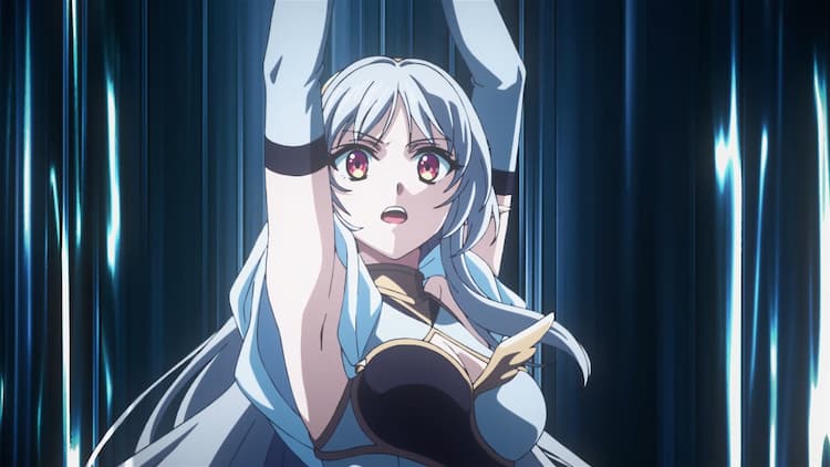 Amelia is casting a spell. She has both arms raised above her head. She is chanting the spell. A blueish background is behind her.