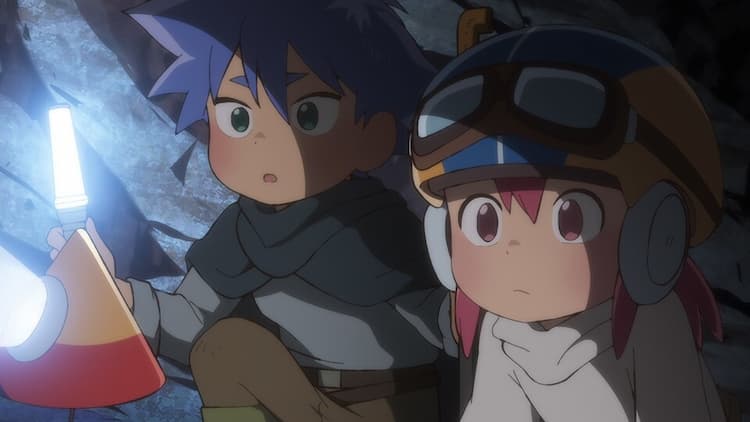 Yuko, Sola, and a triangle droid are searching a cave. The triangle droid has a light on its front. Sola is holding a light as well. Yuko has a determined look on their face.