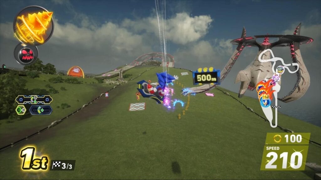Sonic is racing through the Kronos Island track. He is riding extreme gear. He is in mid-air performing tricks. He is in 1st place. Two items are in the top left corner. The map, ring counter, and speed indicator are on the right.