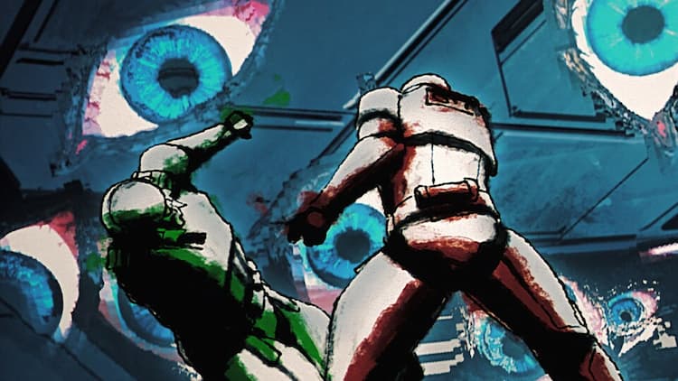 Two stormtroopers are fighting each other. One has green highlights and the other has red highlights. They are both missing an arm. Multiple blue eyes are staring at them.