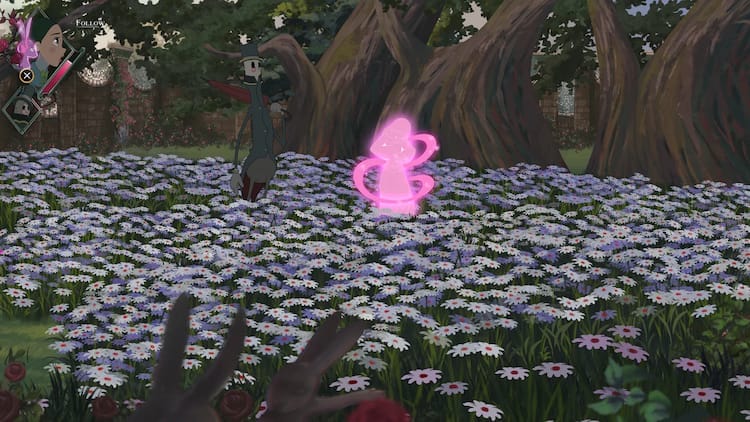 Mr. Baesie, left, and Lana, right, are standing in a field of daisies. Lana is bathed in pink light.