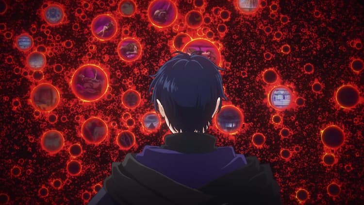 Akira is looking at thousands of red circles, each with different events. The red circles are covering the image. Akira is facing towards the red circles.