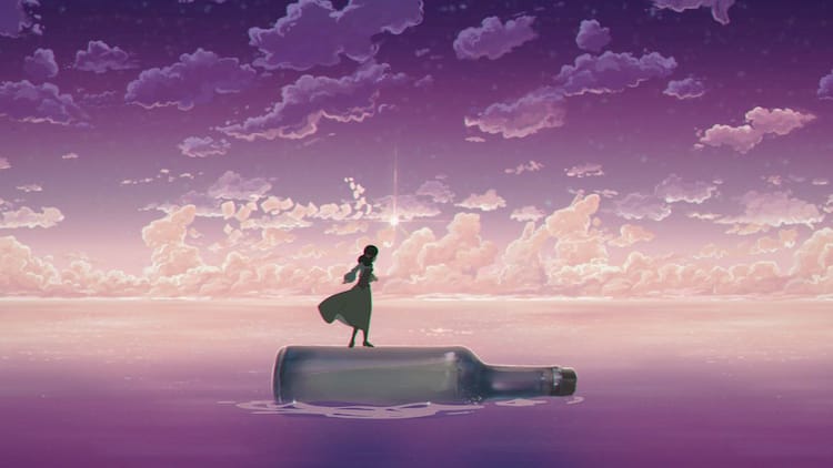 Lana is standing on a glass bottle in the middle of an ocean.