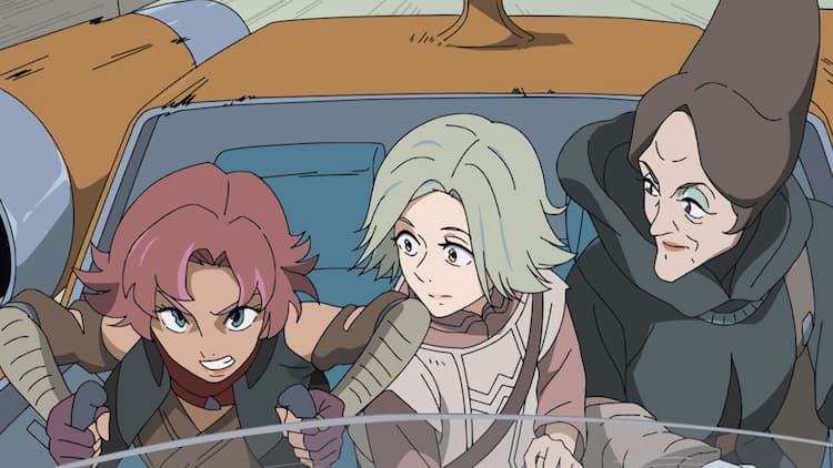 Chita, Arluu, and Gleenu are in an orange hovercar. They are driving through the streets, evading the stormtroopers. Chita has an angry look on her face. Arluu and Gleenu are looking at Chita with worried looks on their faces.