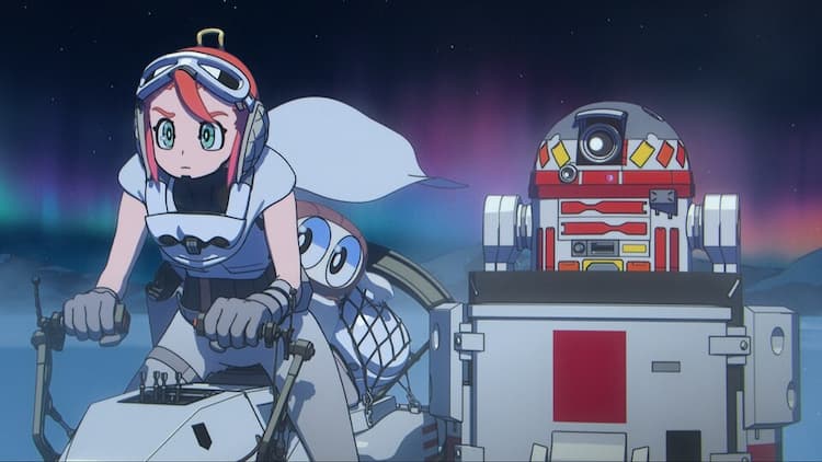 Crane is riding her speeder bike across the snow. Woopas is holding onto her back. R9-TR2 is in a custom-made sidecar. The aurora borealis is in the sky behind them.
