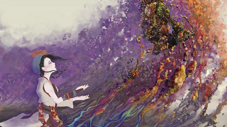 Nakime is looking up at a statue. The statue is floating in the air. Nakime is pleading with the statue. Various colours are streaming towards the statue and away from Nakime.