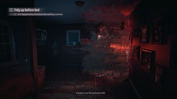 Inside a dark bedroom, there is a red portal in the corner. The art is fragmented and glowing.