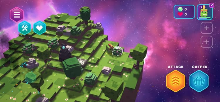 A gameplay screenshot from Aerthlings. An Aerthling is running around a small chunk of Aerth that is floating in space. The cosmos is in the background. The buttons are on the screen.