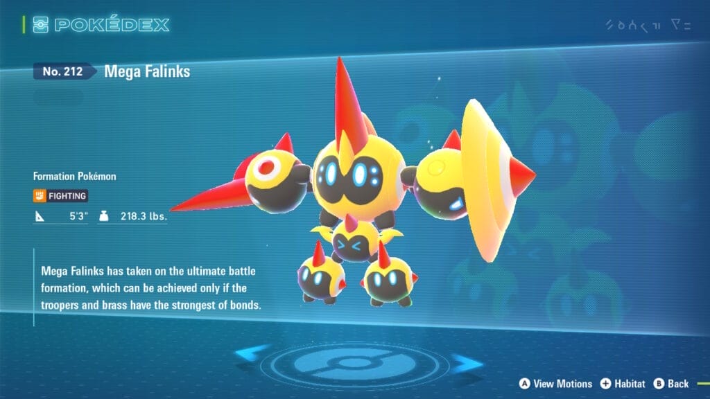 The PokéDex entry for Mega Falinks. Mega Falinks is in the middle of the image in front of a blue background. The Dex entry is on the left, alongside the Mega Pokémon's stats and type. A faint close-up image of Mega Falinks is in the background.