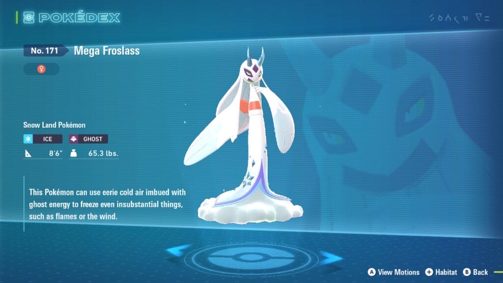 The PokéDex entry for Mega Froslass. Mega Froslass is in the middle of the image in front of a blue background. The Dex entry is on the left, alongside the Mega Pokémon's stats and type. A faint close-up image of Mega Froslass is in the background.