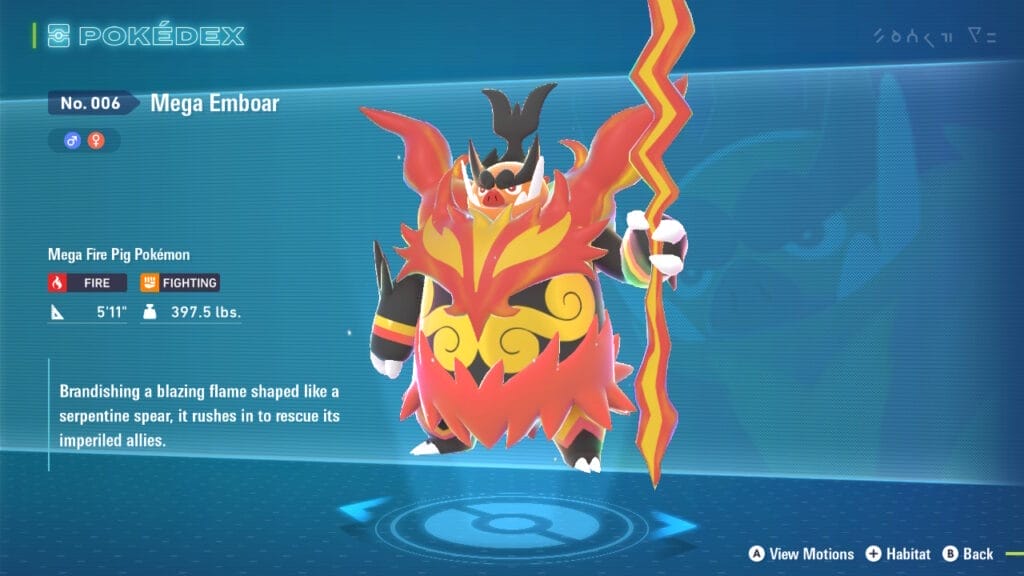 The PokéDex entry for Mega Emboar. Mega Emboar is in the middle of the image in front of a blue background. The Dex entry is on the left, alongside the Mega Pokémon's stats and type. A faint close-up image of Mega Emboar is in the background.