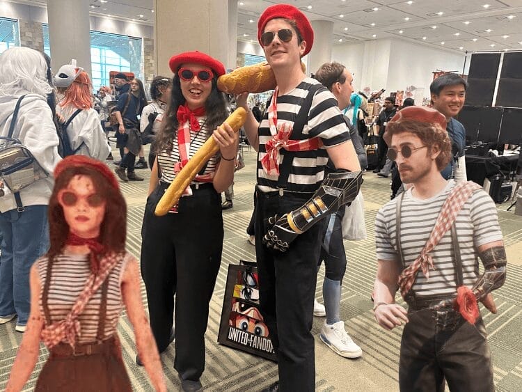 Expedition 33 cosplayers as Lune and Gustave in the French outfits