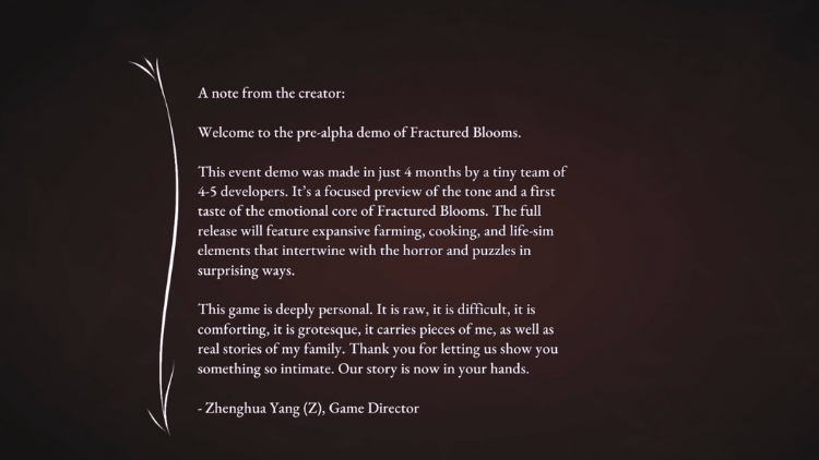 The screen is dark brown. In white text, there is a letter from the game director, Zhenghua Yang (Z).