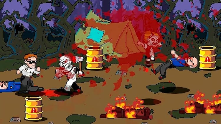 Screenshot from Terrifier: The ARTcade Game. Art is carrying an axe through a campsite. Little Pale Girl is jumping in the air.