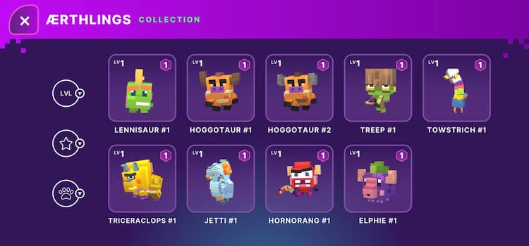 The Aerthling collection screen. Various Aerthlings are shown along with their names and levels. The menu is purple. A few options for sorting are on the left.