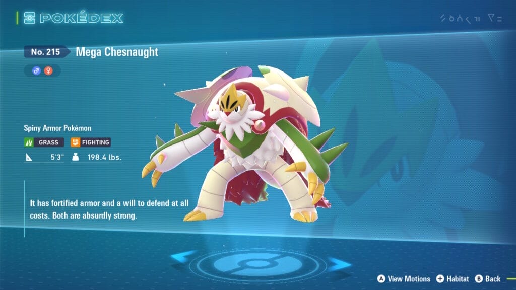 The PokéDex entry for Mega Chesnaught. Mega Chesnaught is in the middle of the image in front of a blue background. The Dex entry is on the left, alongside the Mega Pokémon's stats and type. A faint close-up image of Mega Chesnaught is in the background.