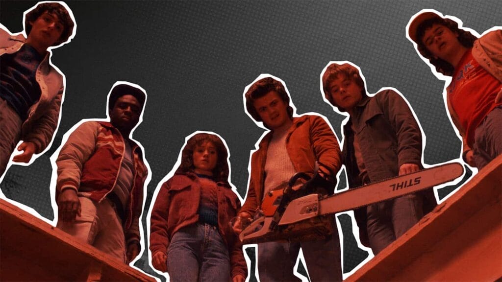 A tense scene from Stranger Things 5 Volume 1: Mike, Lucas, Nancy, Steve, Jonathan, and Dustin stand together in the living room of the Turnbow house, peering down at a hole they’ve cut into the floor. Below, a trap is set for the Demogorgon coming to attack Derek. The group looks focused and apprehensive, ready for the creature’s arrival.