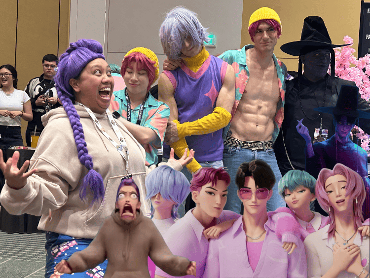 Cosplayers as Rumi in pyjamas, Saja Boys Abby, Mystery, Abby, and Demon Jinu