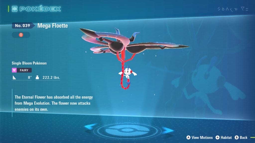 The PokéDex entry for Mega Floette. Mega Floette is in the middle of the image in front of a blue background. The Dex entry is on the left, alongside the Mega Pokémon's stats and type. A faint close-up image of Mega Floette is in the background.