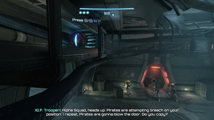 Screenshot of Samus as the Morph Ball in a vent above the action below.