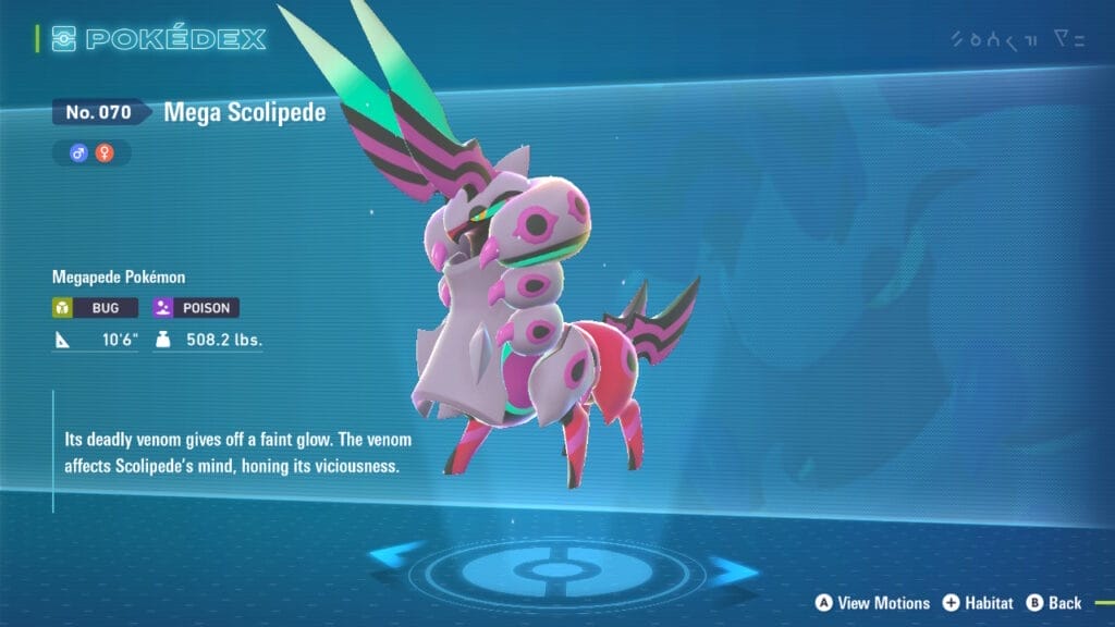 The PokéDex entry for Mega Scolipede. Mega Scolipede is in the middle of the image in front of a blue background. The Dex entry is on the left, alongside the Mega Pokémon's stats and type. A faint close-up image of Mega Scolipede is in the background.