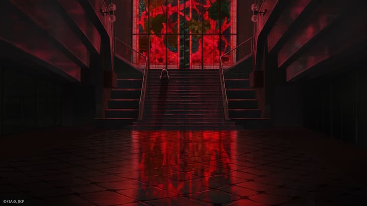 Yuji is sitting on some stairs in the middle of a large space. The room is red throughout. Red lines are covering the large window behind Yuji.