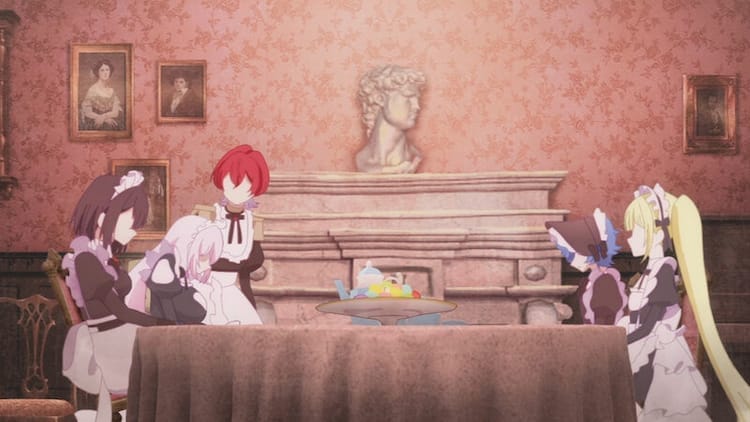 Five girls are gathered around a dining room table. They are all dressed in maid outfits. Their faces are featureless.