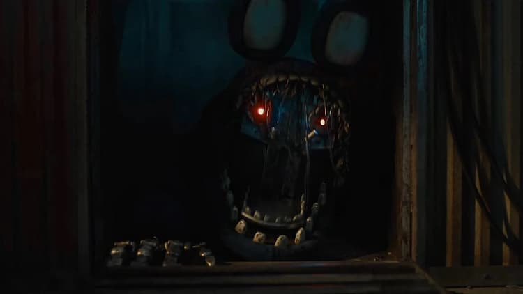 Withered Bonnie is crawling through a vent. His eyes are glowing red. He is missing his face. His exposed endoskeleton right hand is pulling him out of the vent.