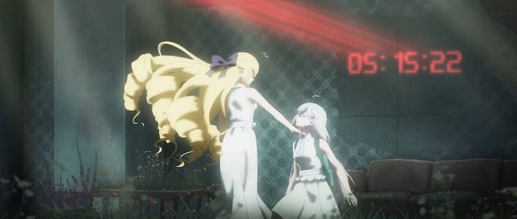 Mishiro is holding a hand up to Yuki’s throat. Mishiro is much taller than Yuki. There is a digital clock in the background.