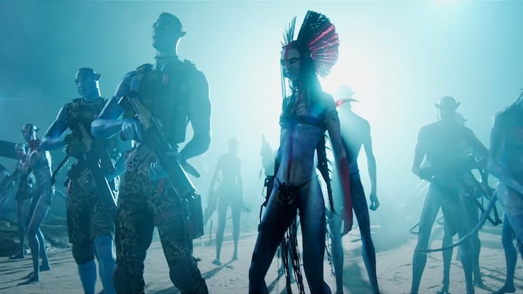 Quaritch and Varang are arriving at an RDA base. Members of the Mangkwan clan are behind them, along with Quaritch's right-hand man. A bright light is behind them. It is night.