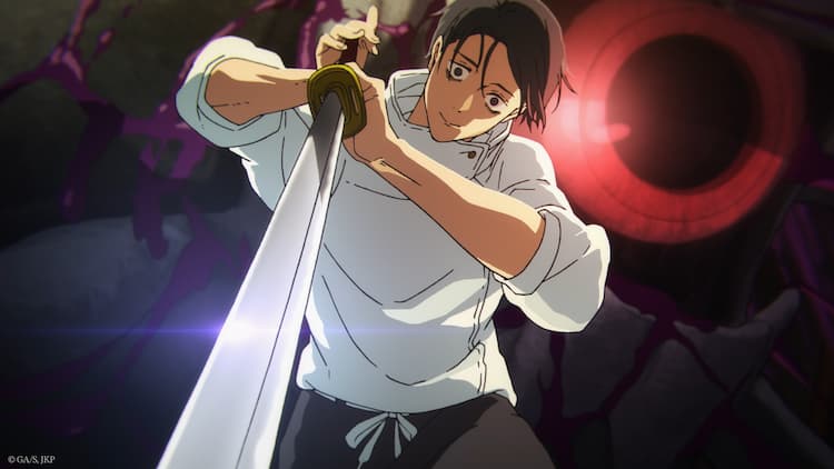 Yuta is stabbing downwards with his sword. He has an eerily blank expression on his face. A dead cursed spirit is above Yuta. Its giant red eye is looking at nothing. Purple blood covers its body.